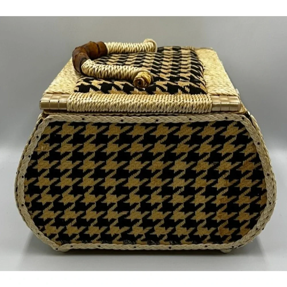 Vintage Singer Sewing Basket Houndstooth Bamboo Handle Box